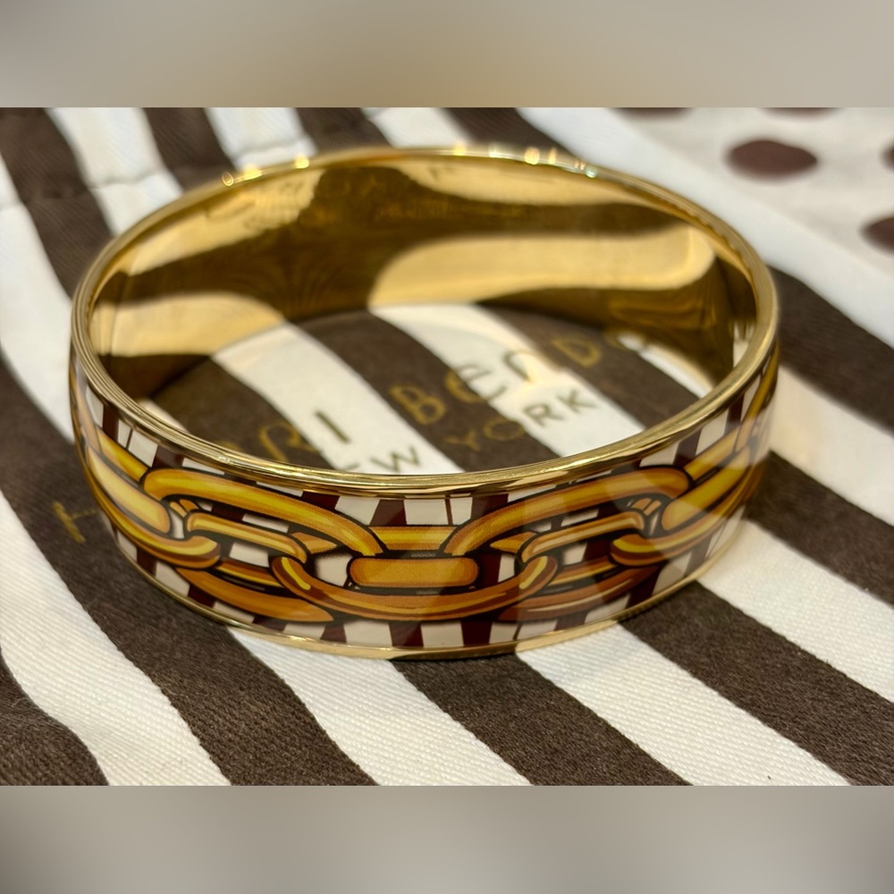 NWT RARE HENRI BENDEL Gold and Brown Enamel Chain-Print Bangle Bracelet/dust bag - Picture 5 of 9